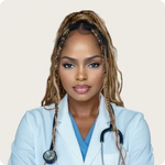 Headshot of Dr. Casey-Ann Collins DNP MSN FNP-BC, Her Fantasy Box medical team member, in white coat with stethoscope.