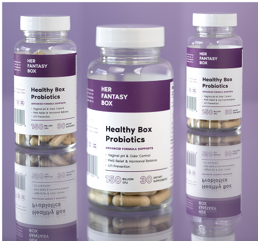 Three Her Fantasy Box Healthy Box Probiotics bottles displayed on a purple reflective surface for vaginal pH and hormonal balance