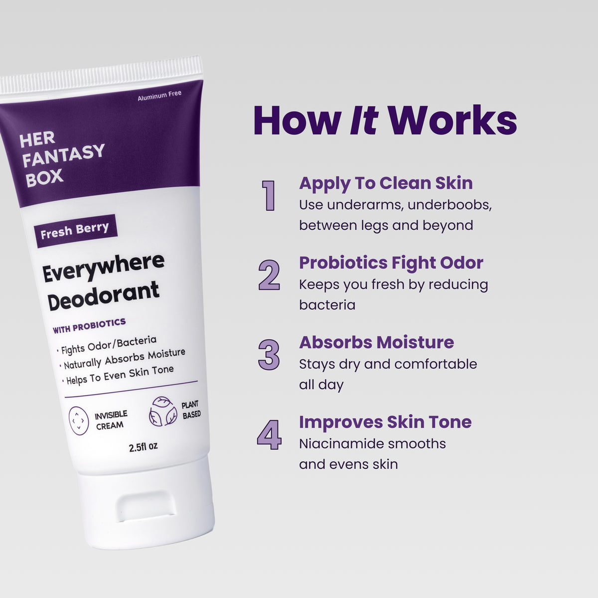 How It Works. Her Fantasy Box Fresh Berry Everywhere Deodorant With Probiotics – Fights Odor/Bacteria, Naturally Absorbs Moisture, Helps To Even Skin Tone. Invisible Cream, Plant Based, 2.5fl oz. 1. Apply To Clean Skin – Use underarms, underboobs, between legs and beyond. 2. Probiotics Fight Odor – Keeps you fresh by reducing bacteria. 3. Absorbs Moisture – Stays dry and comfortable all day. 4. Improves Skin Tone – Niacinamide smooths and evens skin.