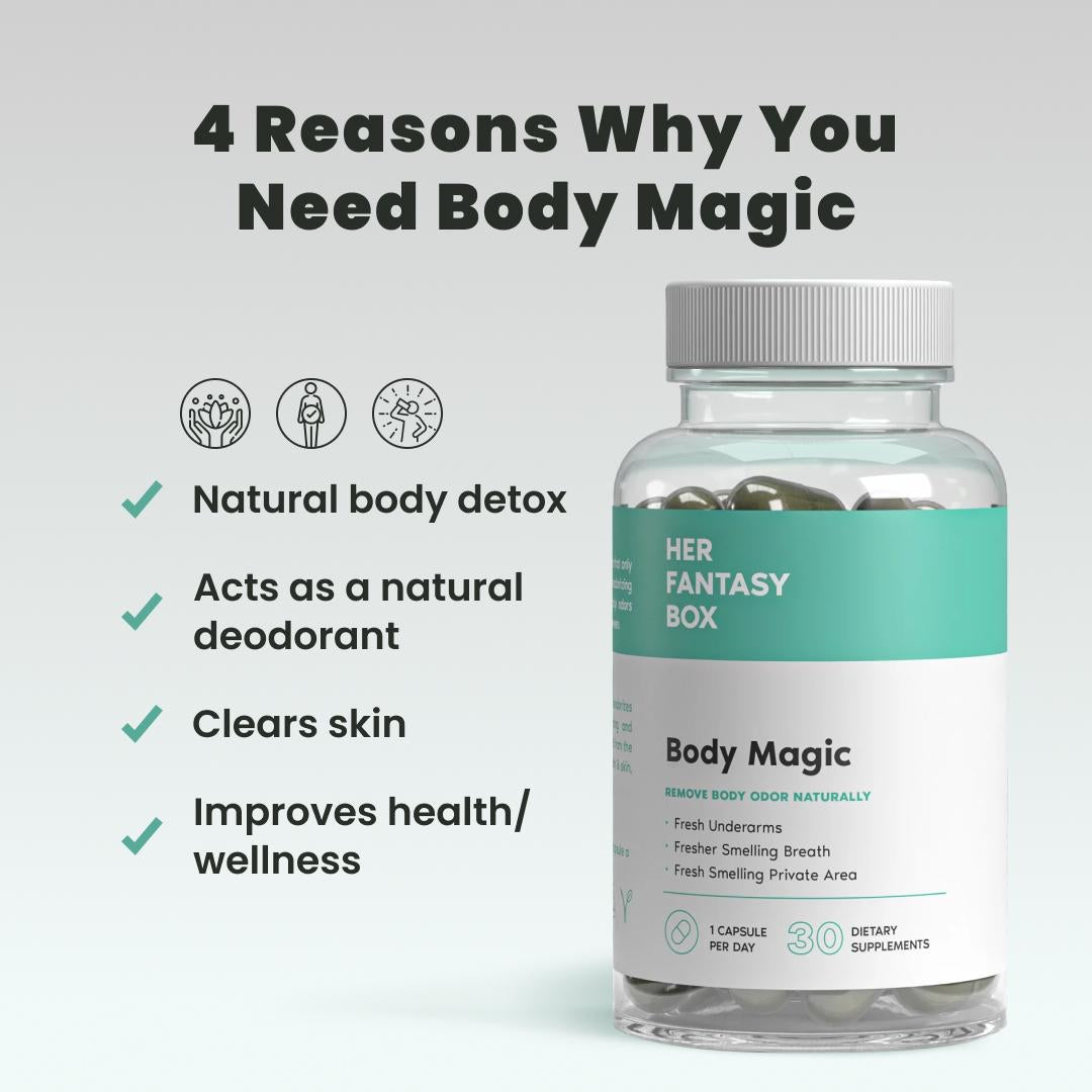 Her Fantasy Box Body Magic supplement benefits graphic listing natural detox, deodorant effect, skin clearing, and wellness support, 30 capsules.