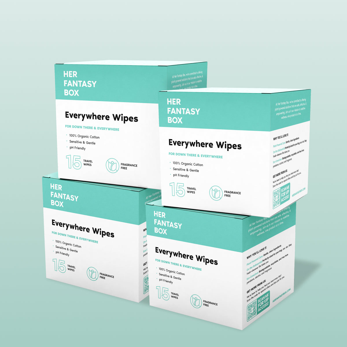 A pack of four Her Fantasy Box Everywhere Wipes infographic detailing use for armpits, neck, privates, and feet