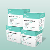 A pack of four Her Fantasy Box Everywhere Wipes infographic detailing use for armpits, neck, privates, and feet