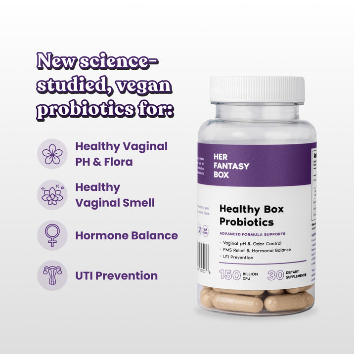 Her Fantasy Box Healthy Box Probiotics. New science-studied, vegan probiotics for: Healthy Vaginal PH & Flora, Healthy Vaginal Smell, Hormone Balance, UTI Prevention. Bottle label: Advanced Formula Supports Vaginal pH & Odor Control, PMS Relief & Hormonal Balance, UTI Prevention. 150 Billion CFU, 30 Dietary Supplements.
