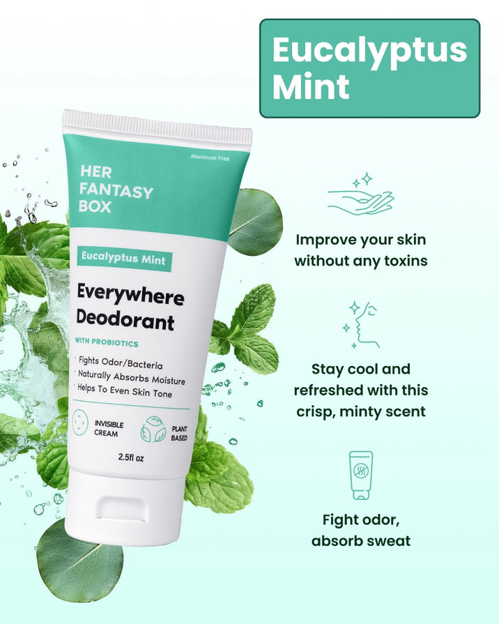 Eucalyptus Mint. Her Fantasy Box Everywhere Deodorant With Probiotics – Fights Odor/Bacteria, Naturally Absorbs Moisture, Helps To Even Skin Tone. Invisible Cream, Plant Based, 2.5fl oz. Three callouts: Improve your skin without any toxins. Stay cool and refreshed with this crisp, minty scent. Fight odor, absorb sweat.