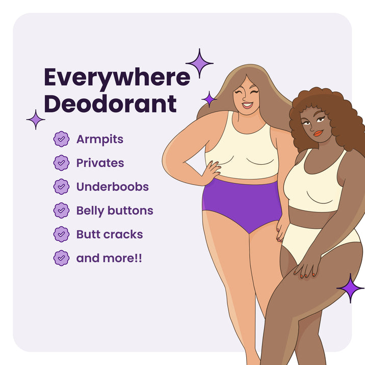Everywhere Deodorant. Illustrated graphic of two women in underwear. Use on: Armpits, Privates, Underboobs, Belly buttons, Butt cracks, and more!!