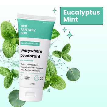 Single tube of Her Fantasy Box Fresh Berry Everywhere Deodorant 2.5 fl oz displayed on neutral background with mint and eucalyptus leafs