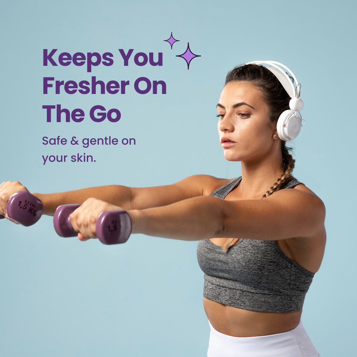Keeps You Fresher On The Go. Safe & gentle on your skin. Woman wearing headphones lifting 1.5 KG dumbbells in a grey sports bra.