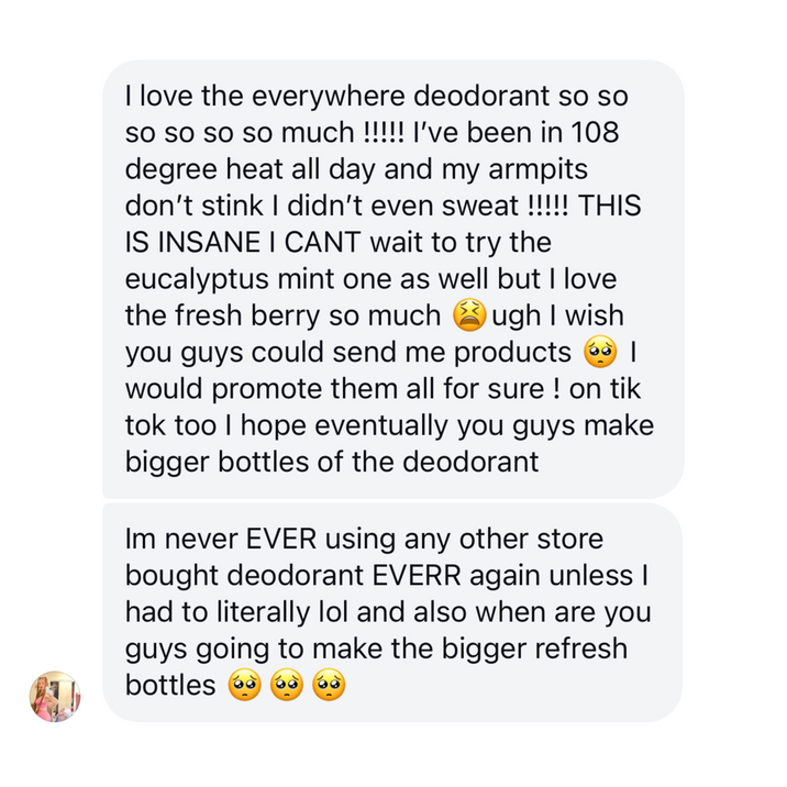 Her Fantasy Box Everywhere Deodorant customer testimonial praising odor protection in extreme heat and fresh berry scent