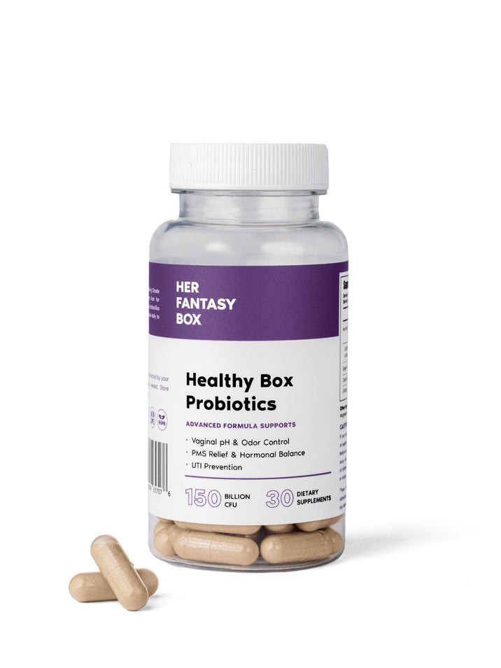 Single bottle of Her Fantasy Box Healthy Box Probiotics 150 billion CFU for vaginal pH, hormonal balance, and UTI prevention on white background