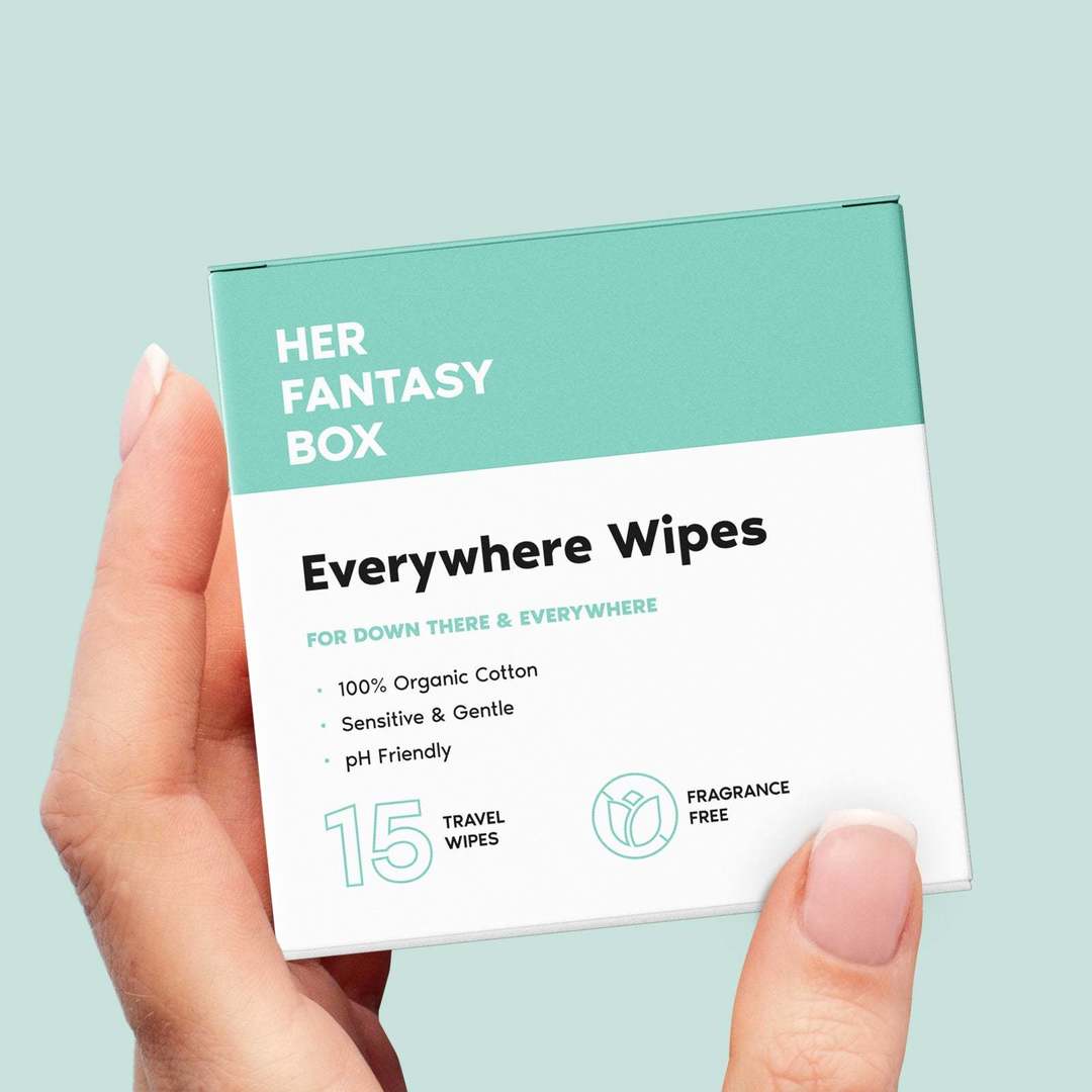 Hand holding a box of 'Everywhere Wipes' by Her Fantasy Box against a light blue background