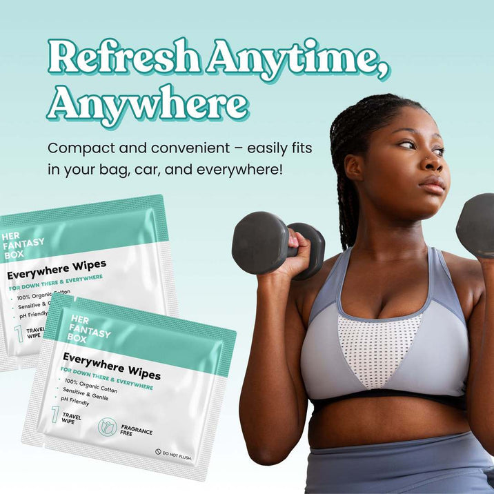 Refresh Anytime, Anywhere. Compact and convenient – easily fits in your bag, car, and everywhere! Her Fantasy Box Everywhere Wipes – For Down There & Everywhere – 100% Organic Cotton, Sensitive & Gentle, pH Friendly. Travel Wipe, Fragrance Free. Do Not Flush. Woman lifting dumbbells in grey sports bra.
