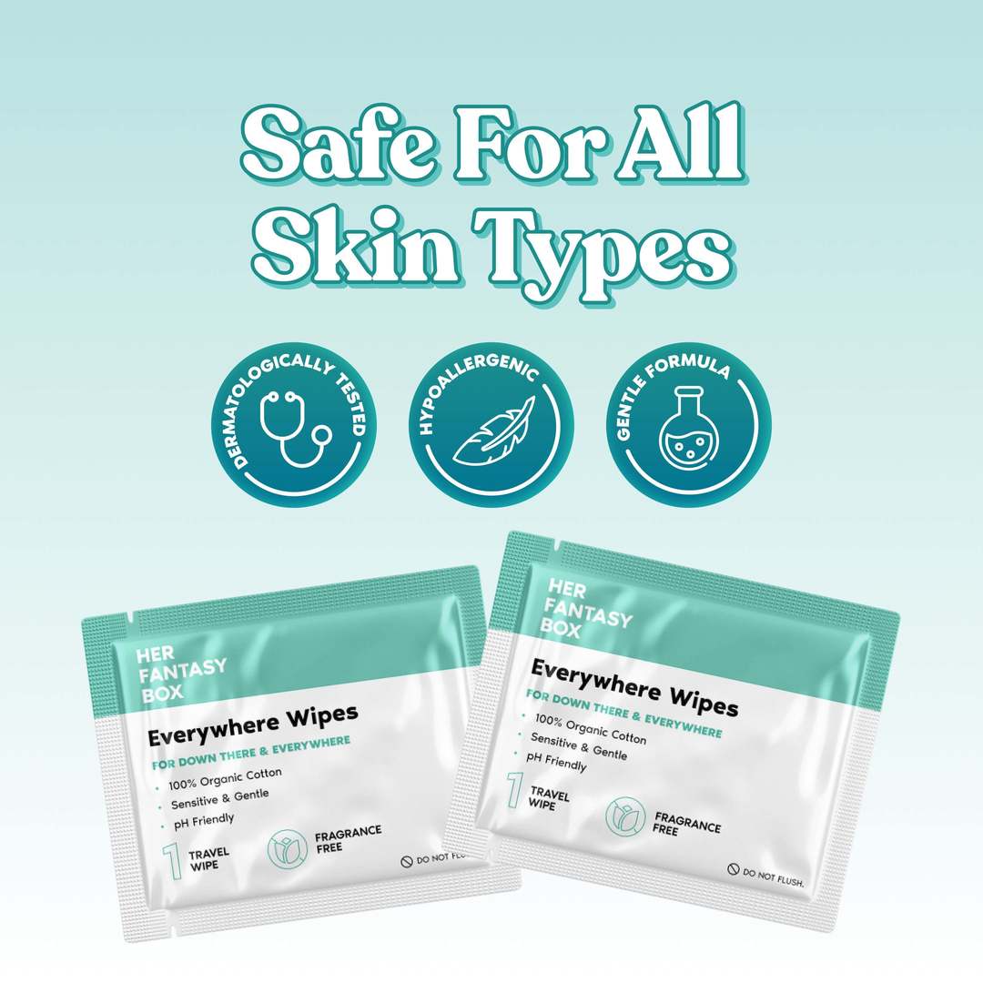 Her Fantasy Box Everywhere Wipes safe for all skin types graphic showing dermatologically tested, hypoallergenic, and gentle formula badges.