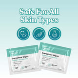 Her Fantasy Box Everywhere Wipes safe for all skin types graphic showing dermatologically tested, hypoallergenic, and gentle formula badges.