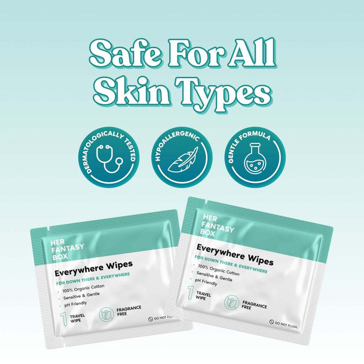 Her Fantasy Box Everywhere Wipes safe for all skin types graphic showing dermatologically tested, hypoallergenic, and gentle formula badges.