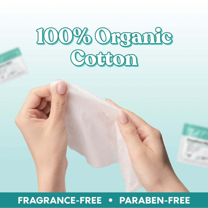 Hands holding Her Fantasy Box Everywhere Wipes made with 100% organic cotton, fragrance-free and paraben-free.