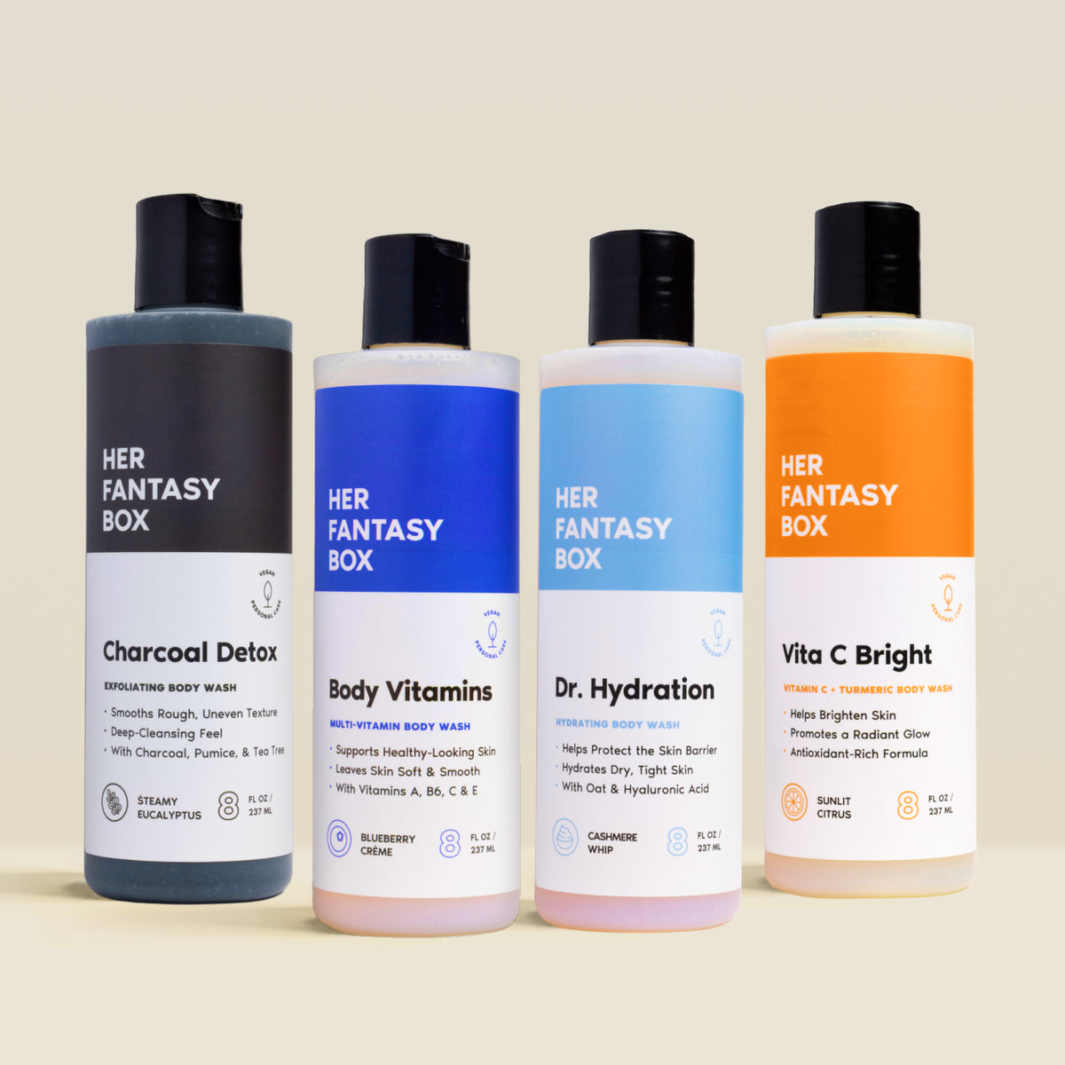 Her Fantasy Box body wash gift set featuring Charcoal Detox, Body Vitamins, Dr. Hydration, and Vita C Bright four-bottle collection on neutral background