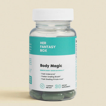 Her Fantasy Box Body Magic dietary supplements for natural body odor control, 30 capsules.