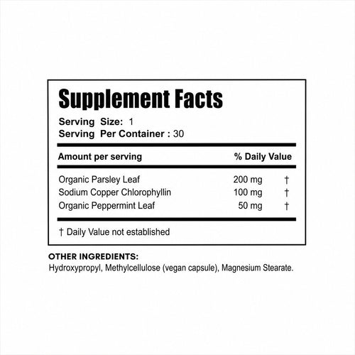 Body Magic Supplement Facts. Serving Size: 1. Servings Per Container: 30. Organic Parsley Leaf 200mg, Sodium Copper Chlorophyllin 100mg, Organic Peppermint Leaf 50mg. Daily Value not established. Other Ingredients: Hydroxypropyl, Methylcellulose (vegan capsule), Magnesium Stearate.