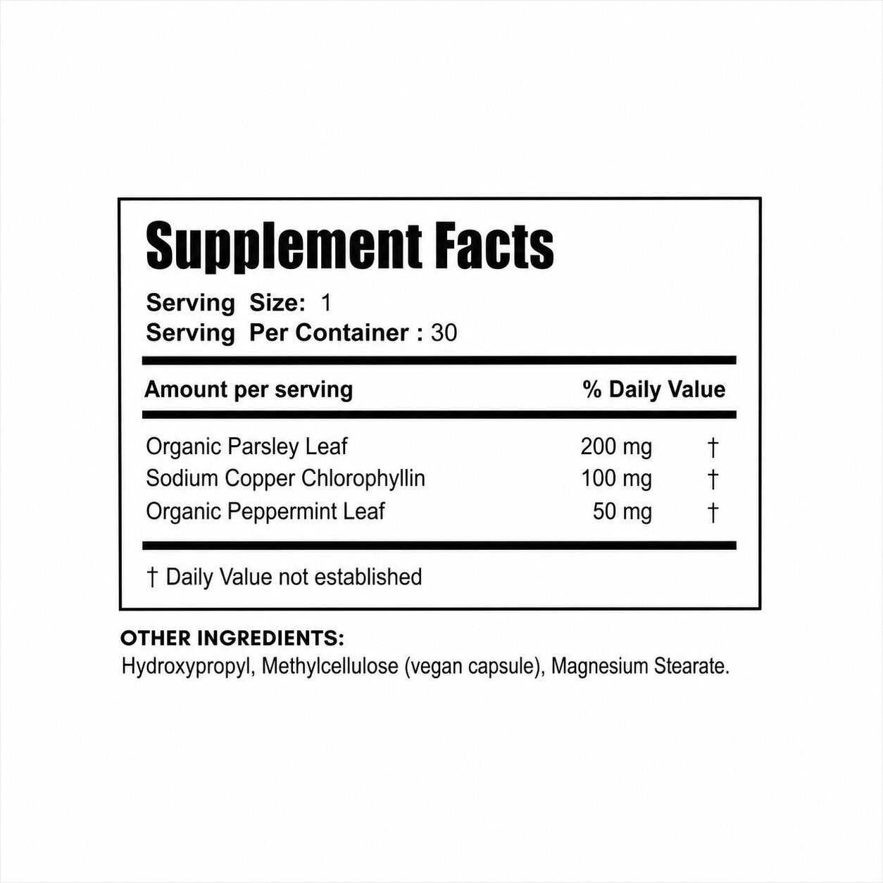 Body Magic Supplement Facts. Serving Size: 1. Servings Per Container: 30. Organic Parsley Leaf 200mg, Sodium Copper Chlorophyllin 100mg, Organic Peppermint Leaf 50mg. Daily Value not established. Other Ingredients: Hydroxypropyl, Methylcellulose (vegan capsule), Magnesium Stearate.