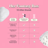 Her Fantasy Box VS Other Brands. Comparison table for PH Balancing Cleansers vs. Them. Her Fantasy Box wins on all four: Fragrance-Free & Gentle On Sensitive Skin ✓ vs ✗. Made With Clean Ingredients ✓ vs ✗. Supports Your Body's Natural Balance ✓ vs ✗. Trusted And Recommended By Wellness Experts ✓ vs ✗.