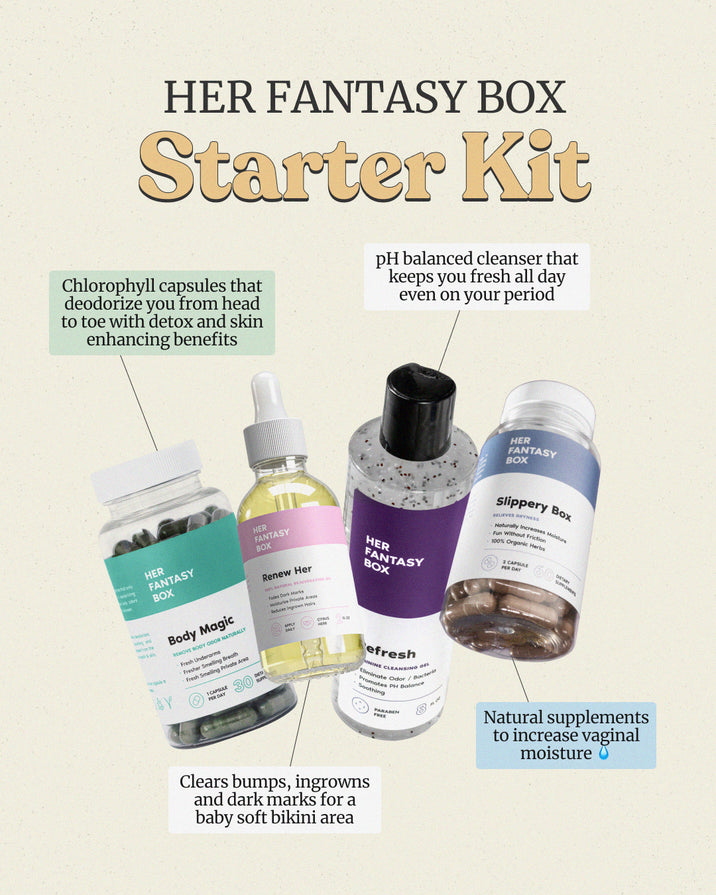 Her Fantasy Box Starter Kit showing four products: Body Magic chlorophyll capsules (deodorize head to toe, detox and skin benefits), Renew Her oil (clears bumps, ingrowns, dark marks for baby soft bikini area), Refresh pH Balancing Feminine Cleansing Gel (keeps you fresh all day even on your period), and Slippery Box natural supplements to increase vaginal moisture.