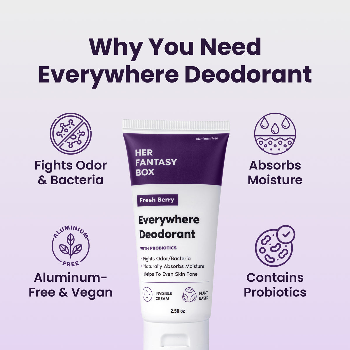 Why You Need Everywhere Deodorant. Her Fantasy Box Fresh Berry Everywhere Deodorant With Probiotics – Fights Odor/Bacteria, Naturally Absorbs Moisture, Helps To Even Skin Tone. Invisible Cream, Plant Based, 2.5fl oz. Four icons: Fights Odor & Bacteria, Absorbs Moisture, Aluminum-Free & Vegan, Contains Probiotics.