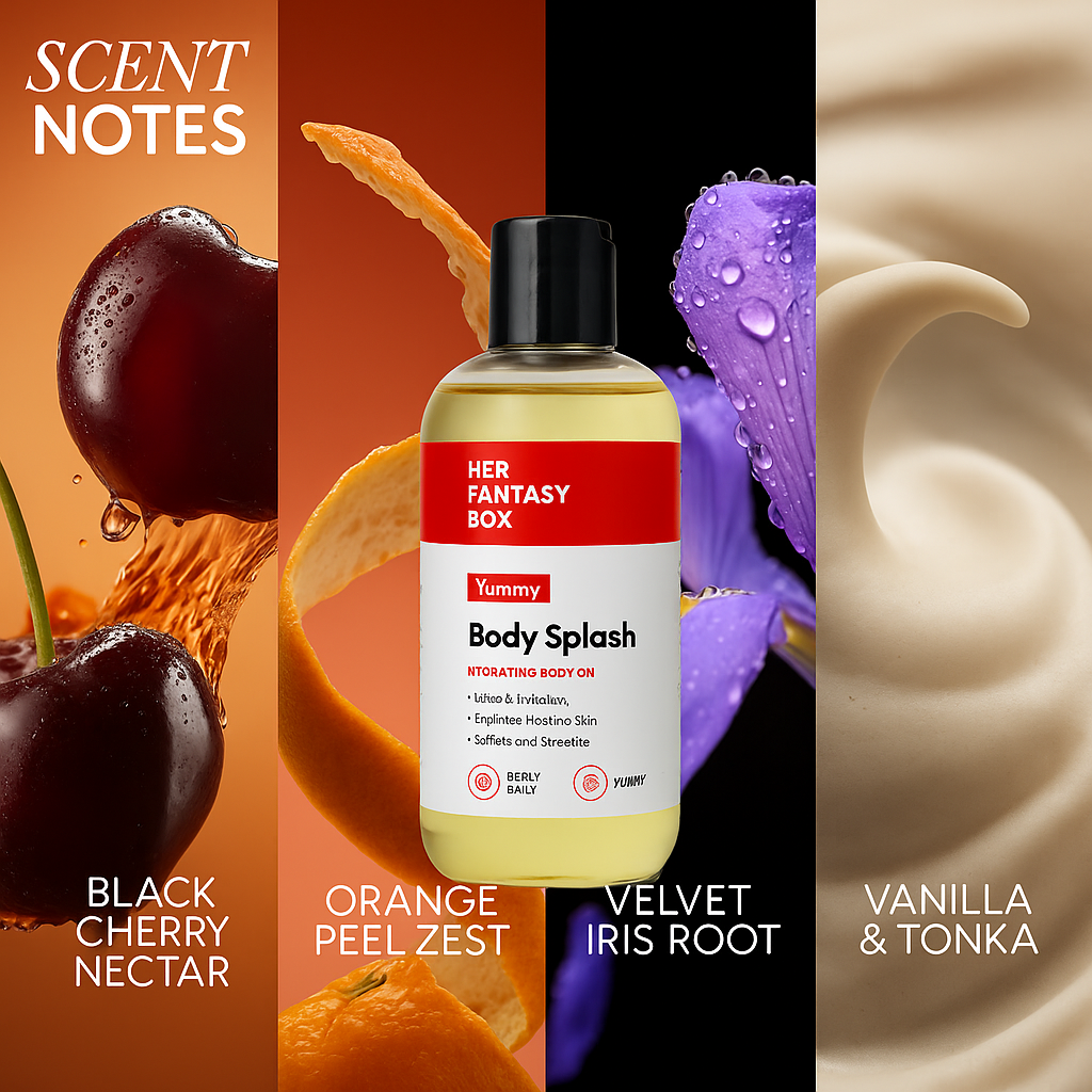 Her Fantasy Box Body splash bottle with scents labeled 'Black Cherry Nectar', 'Orange Peel Zest', 'Velvet Iris Root', and 'Vanilla & Tonka'.