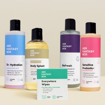 Her Fantasy Box body care bundle featuring Dr. Hydration body wash, Santal Driftwood Body Splash, Refresh cleansing gel, Sensitive Probiotic+ wash, and Everywhere Wipes displayed together on neutral background