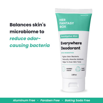 Her Fantasy Box Eucalyptus Mint Everywhere Deodorant With Probiotics – Fights Odor/Bacteria, Naturally Absorbs Moisture, Helps To Even Skin Tone. Invisible Cream, Plant Based, 2.5fl oz. Text: Balances skin's microbiome to reduce odor-causing bacteria. Footer: Aluminum Free · Paraben Free · Baking Soda Free.