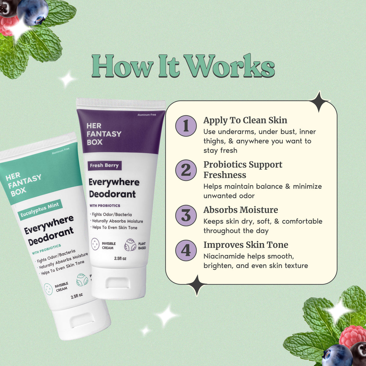 How It Works. Her Fantasy Box Eucalyptus Mint and Fresh Berry Everywhere Deodorant With Probiotics – Fights Odor/Bacteria, Naturally Absorbs Moisture, Helps To Even Skin Tone. Invisible Cream, Plant Based, 2.5fl oz. 1. Apply To Clean Skin – Use underarms, under bust, inner thighs, & anywhere you want to stay fresh. 2. Probiotics Support Freshness – Helps maintain balance & minimize unwanted odor. 3. Absorbs Moisture – Keeps skin dry, soft, & comfortable throughout the day. 4. Improves Skin Tone – Niacinamid