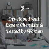 Her Fantasy Box: Developed with Expert Chemists & Tested by Women; two lab scientists in white coats working with microscope and samples