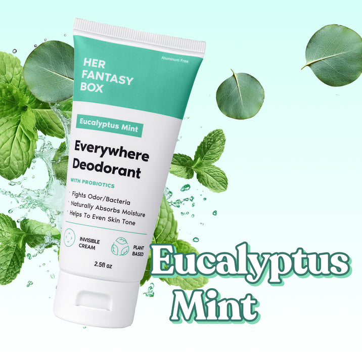 Her Fantasy Box Everywhere Deodorant Eucalyptus Mint 2.5fl oz tube surrounded by mint leaves and eucalyptus; invisible cream, plant based, aluminum free