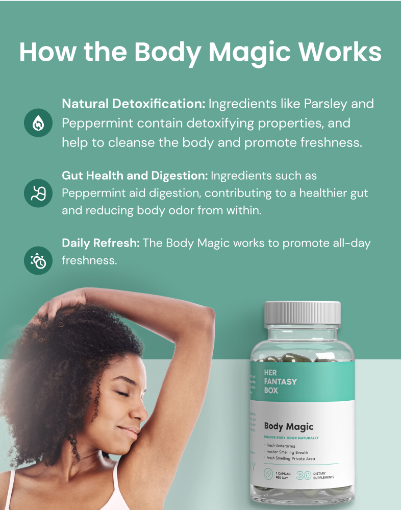 Her Fantasy Box Body Magic supplement bottle beside a woman smelling her underarm, feeling fresh and confident.