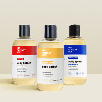 Her Fantasy Box Fruity Skin Body Oil Bundle — Yummy, Pineapple Crème, and Bluberry Crème Body Splash hydrating oils, 3-pack