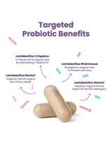 Her Fantasy Box Healthy Box Probiotics targeted probiotic strains infographic showing Lactobacillus benefits for vaginal and urinary health