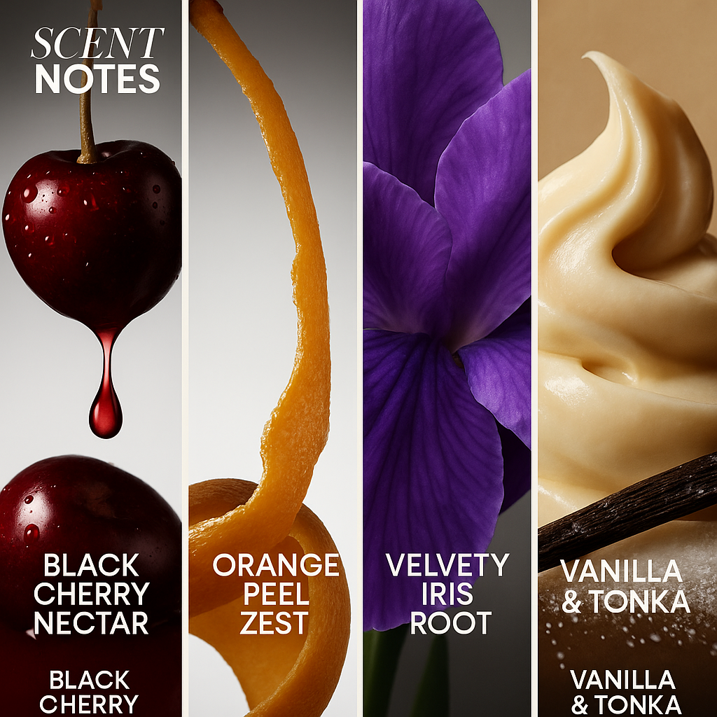 Her Fantasy Box Yummy Body Splash scent notes infographic: black cherry nectar, orange peel zest, velvety iris root, and vanilla and tonka