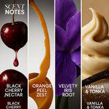 Her Fantasy Box Yummy Body Splash scent notes infographic: black cherry nectar, orange peel zest, velvety iris root, and vanilla and tonka