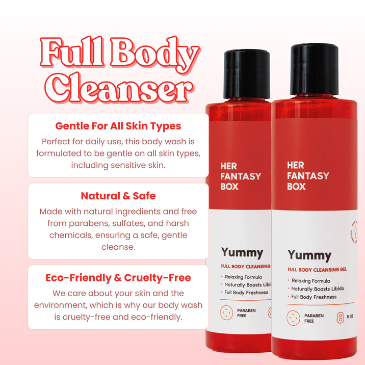 Full Body Cleanser. Two Her Fantasy Box Yummy Full Body Cleansing Gel bottles – Relaxing Formula, Naturally Boosts Libido, Full Body Freshness. Paraben Free, 8 fl oz. Gentle For All Skin Types – Perfect for daily use, formulated to be gentle on all skin types including sensitive. Natural & Safe – Made with natural ingredients, free from parabens, sulfates, and harsh chemicals. Eco-Friendly & Cruelty-Free – Cruelty-free and eco-friendly.