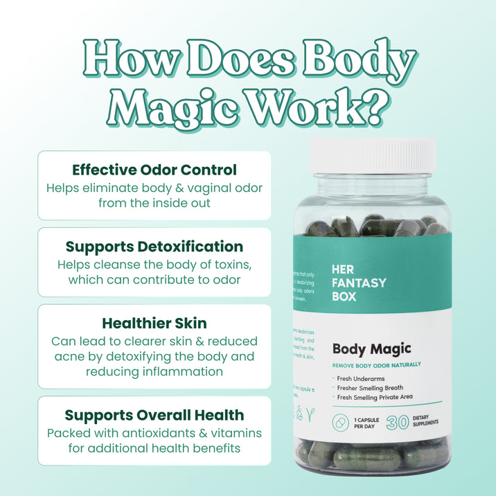 How Does Body Magic Work? Her Fantasy Box Body Magic – Remove Body Odor Naturally. Effective Odor Control: Helps eliminate body & vaginal odor from the inside out. Supports Detoxification: Helps cleanse the body of toxins, which can contribute to odor. Healthier Skin: Can lead to clearer skin & reduced acne by detoxifying the body and reducing inflammation. Supports Overall Health: Packed with antioxidants & vitamins. 1 Capsule Per Day, 30 Dietary Supplements.