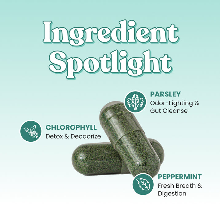 Ingredient Spotlight. Two green Body Magic capsules. Chlorophyll – Detox & Deodorize. Parsley – Odor-Fighting & Gut Cleanse. Peppermint – Fresh Breath & Digestion.
