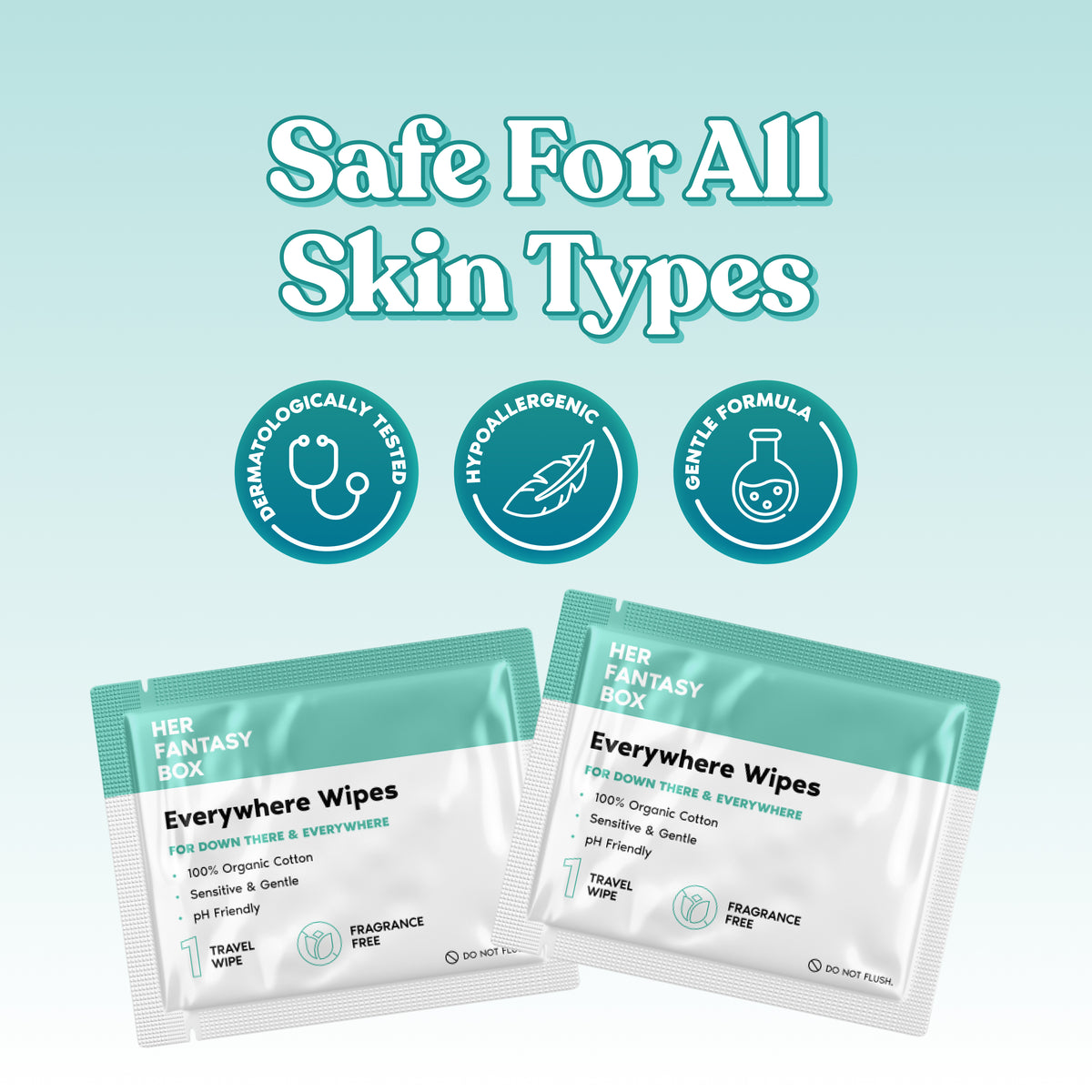 Two Her Fantasy Box Everywhere Wipes packets highlighting dermatologically tested, hypoallergenic, gentle formula safe for all skin types