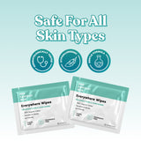 Two Her Fantasy Box Everywhere Wipes packets highlighting dermatologically tested, hypoallergenic, gentle formula safe for all skin types