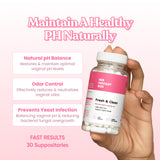 Her Fantasy Box Fresh & Clean – Maintain A Healthy PH Naturally. Natural pH Balance: Restores & maintain optimal vaginal pH levels. Odor Control: Effectively reduces & neutralizes vaginal odor. Prevents Yeast Infection: Balancing vaginal pH & reducing bacterial fungal overgrowth. Bottle label: For A Balanced & Healthy PH. Helps Fight Odor, Supports Vaginal Health. Fast Results. 30 Suppositories.