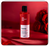 Her Fantasy Box Yummy full body cleansing gel on red satin with roses — relaxing formula, paraben-free