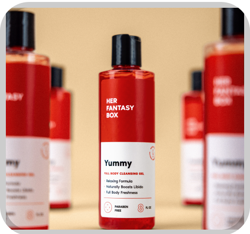 Her Fantasy Box Yummy full body cleansing gel front-facing product shot — relaxing formula, naturally boosts libido