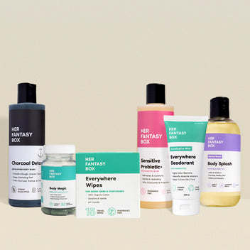 Her Fantasy Box post-workout fresh kit bundle featuring Charcoal Detox body wash, Body Magic supplements, Everywhere Wipes, Sensitive Probiotic+ wash, Everywhere Deodorant, and Mental Reset Body Splash