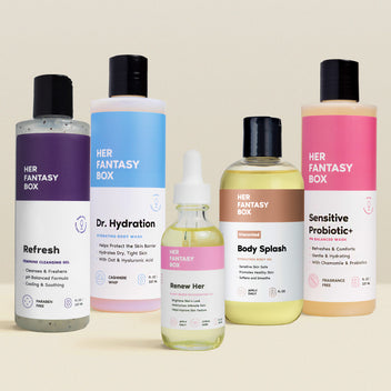 Her Fantasy Box postpartum care package featuring Refresh cleanser, Dr. Hydration body wash, Renew Her oil, Unscented Body Splash, and Sensitive Probiotic+ wash