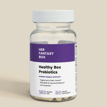 Bottle of 'Her Fantasy Box' healthy box probiotics on a beige background