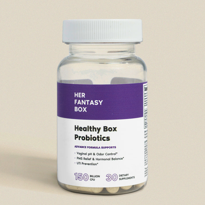 Bottle of 'Her Fantasy Box' healthy box probiotics on a beige background
