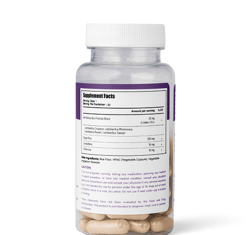 Her Fantasy Box Healthy Box Probiotics supplement facts panel showing probiotic blend, Lactobacillus strains, and natural ingredients